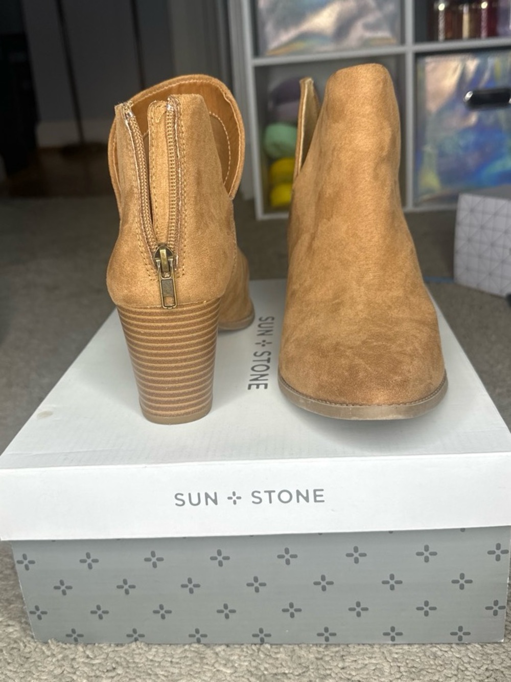 Sun + Stone Tan Suede Stacked Heel Ankle Booties